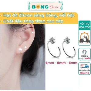 Bông tai thép titan unisex tròn đính đá Zircon dạng móc câu phong cách Hàn Quốc BT140 - khuyên tai BÔNG Cài Tóc