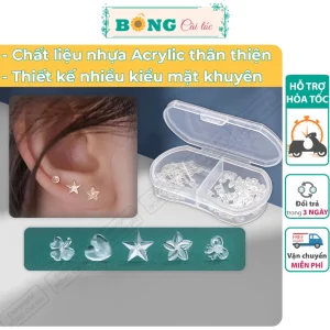 Set 10 bông tai nhựa trong suốt giữ lỗ mặt khuyên hình hoa, nơ, cỏ 3 lá, sao, trái tim BT320 - khuyên tai BÔNG Cài Tóc